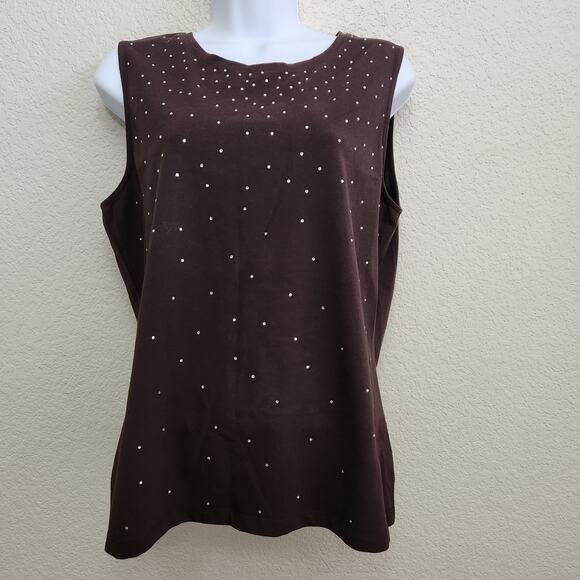 Talbots Brown Diamond Rhinestones Sleeveless Top Large Lightweight Stretch Soft - Picture 1 of 5